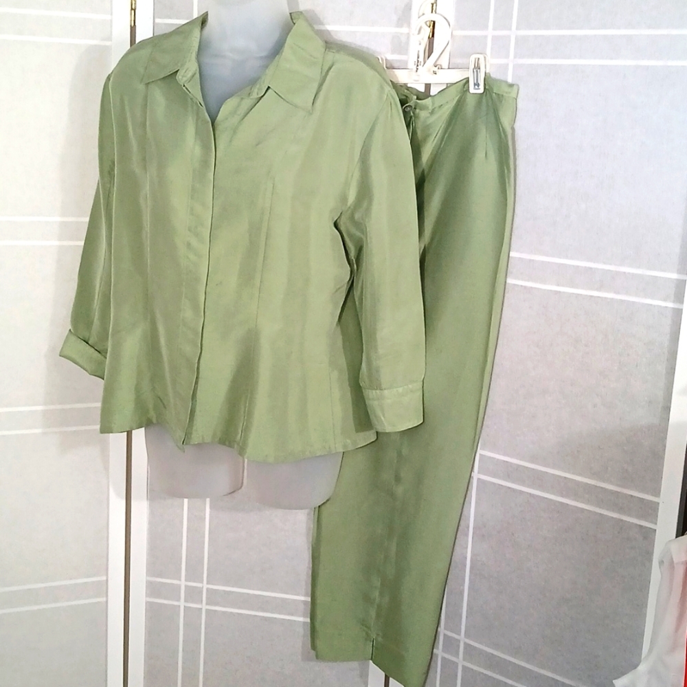 New washable silk olive blouse and pants ensemble